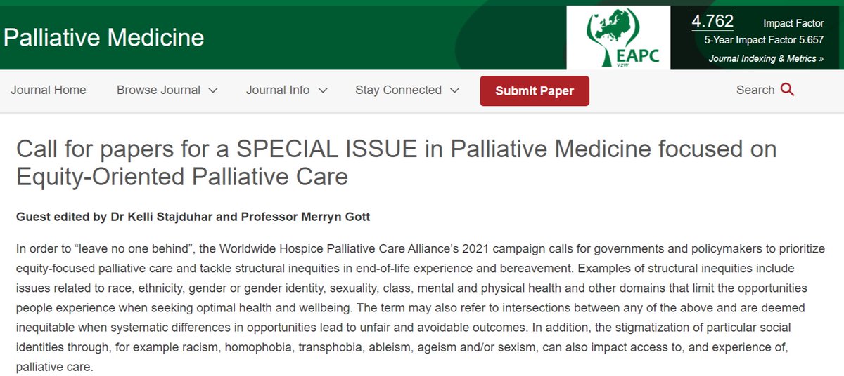 NEW! Call for papers for a special issue on equity oriented #palliativecare just issued guest edited by <a href="/KStajduhar/">Kelli Stajduhar</a> and @MerrynGott #hpm #hapc journals.sagepub.com/page/pmj/equit…
