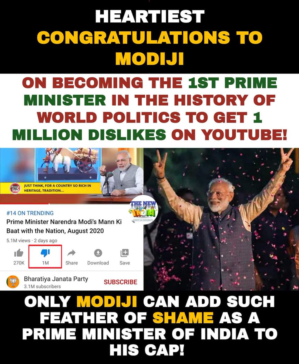 ArzathB's tweet image. HEARTIESTcongratulation to @narendramodi ji on becoming the first prime minister in the history of world politics to get 1 million dislikes on YouTube