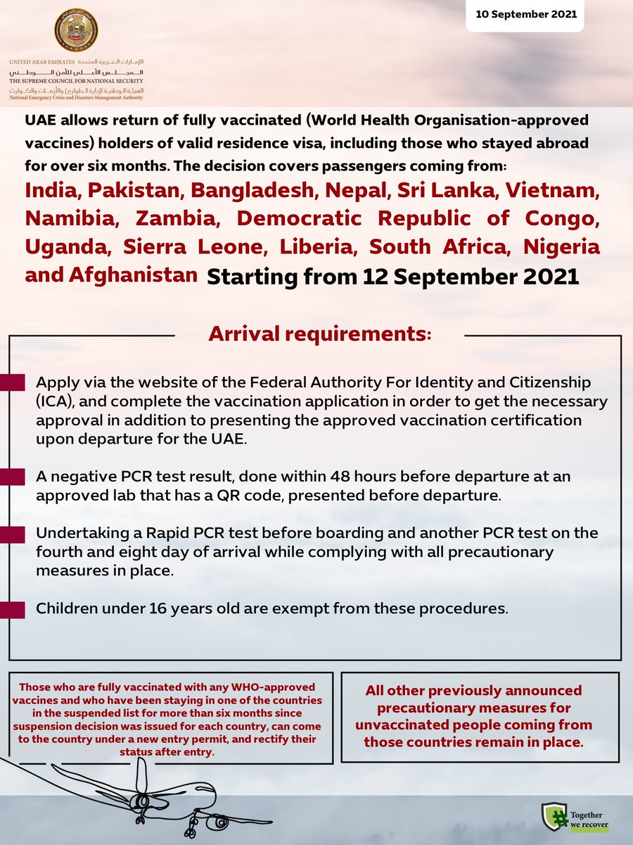 NCEMAUAE's tweet photo. #NCEMA &amp; ICA: Permitting to return of fully vaccinated with #WHO approved vaccines- holders of valid UAE residence visa coming from the countries previously on the suspended list, starting from 12 September 2021. https://t.co/BgkJ8yT0GX