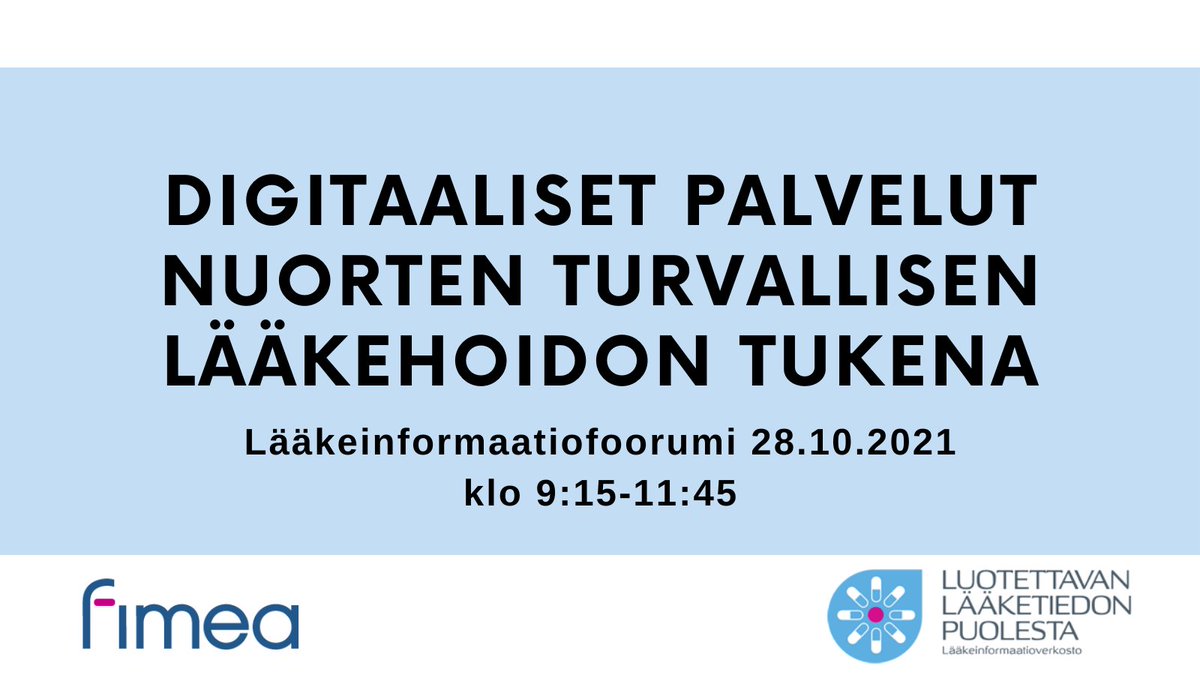 🔷 Tämän vuoden Lääkeinformaatiofoorumi järjestetään torstaina 28.10.2021 kello 9.15–11.45 verkkolähetyksenä.

🔷 Osallistujat voivat lähettää ennakkokysymyksiä tilaisuuden puhujille 12.10. mennessä.

Katso ohjeet ja lue lisää 👇

fimea.fi/-/tervetuloa-l…