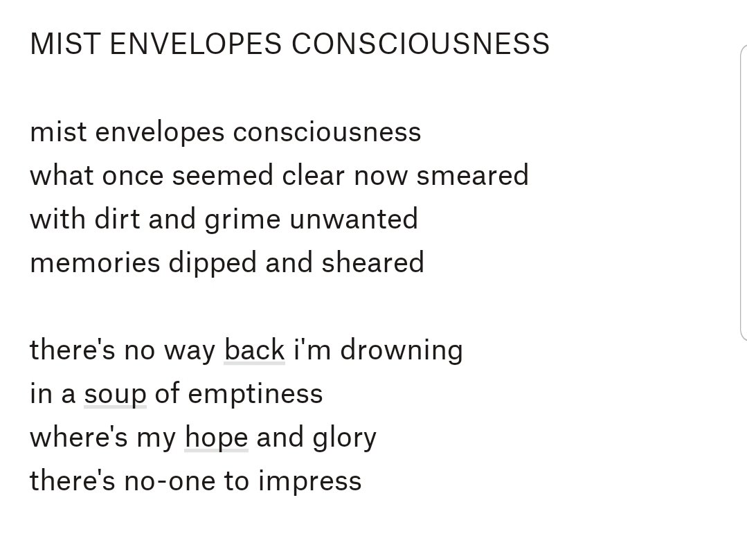 PoetClockwork's tweet image. MIST ENVELOPES CONSCIOUSNESS 

#poetry #poetrycommunity 
#poet #PoetsTwitter 
#poetrylovers #poems
