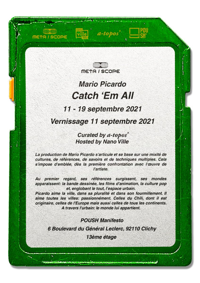 MarioPicardo's tweet photo. Catch ´Em All
11 - 19 septembre 2021
Opening 11/09/21 - 5 PM
6 boulevard du général Leclerc 92110 Clichy 
- 13 floor - @Nanovillefilm  Space
#atopos curator 
#poushmanifesto https://t.co/Hxy9lCEIEI