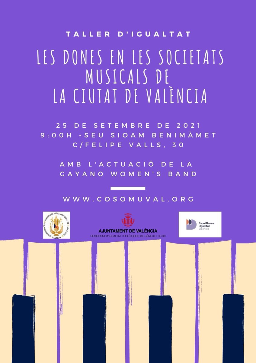 El dissabte 25 de setembre tindrà lloc a la seu de la SIOAM de Benimàmet  un Taller d'igualtat en torn a la presència de les dones en les societats musicals. La jornada està organitzada per COSOMUVAL amb el patrocini d' <a href="/IgualtatVLC/">Igualtat - València</a>.