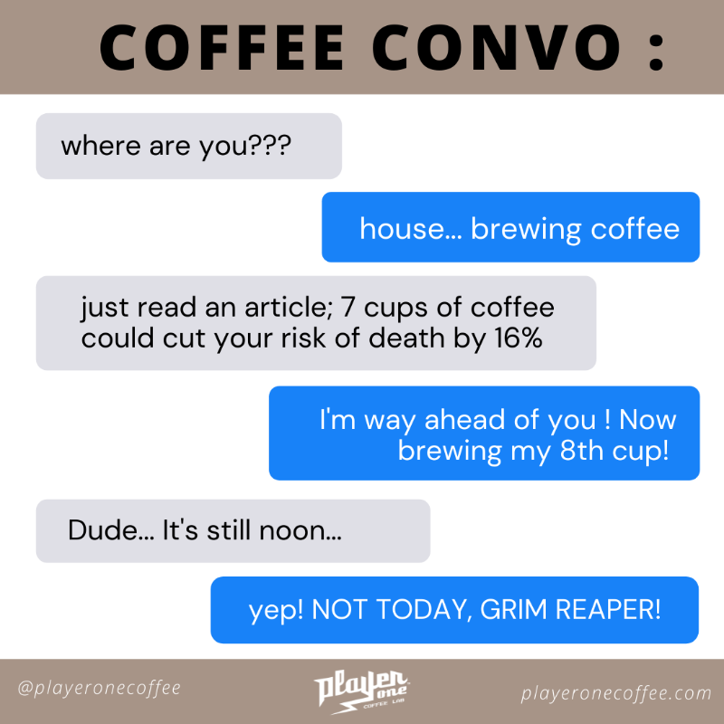 PlayerOneCoffee's tweet photo. Cheers to living longer!😎😉
Fresh roasted coffee at https://t.co/vgTWKZthyn !
.
.
.
#tgifmeme #gamememe #fridayplans #fridaymood #specialitycoffee #coffeeroastery #gaminglife #gamingcoffee #coffeeislife #playeronecoffee #coffeeaddict #brewlife #livinglonger #deathhack https://t.co/uDnSmLsu3c