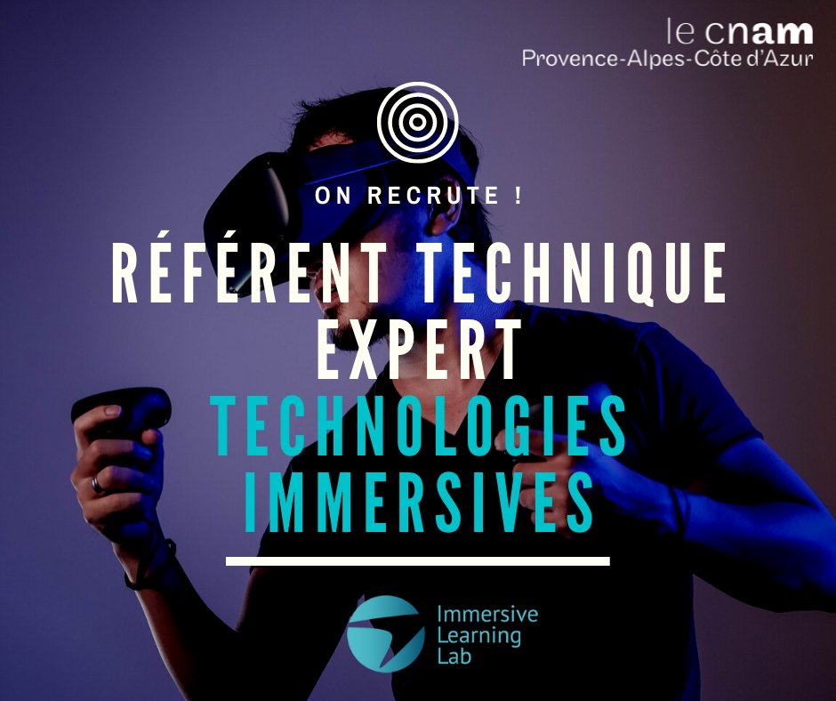 #Recrutement Vous êtes passionné.e de #VR ? #AR, vidéo 360 ? Pour son Immersive Learning Lab à #Toulon, le <a href="/CnamPaca/">Cnam Paca</a> recrute son/sa référent.e technique, expert en techno immersives.

Poste à pourvoir dès maintenant !
👉indeedhi.re/3yZ3tmM

<a href="/i2l_France/">Immersive Learning Lab</a>