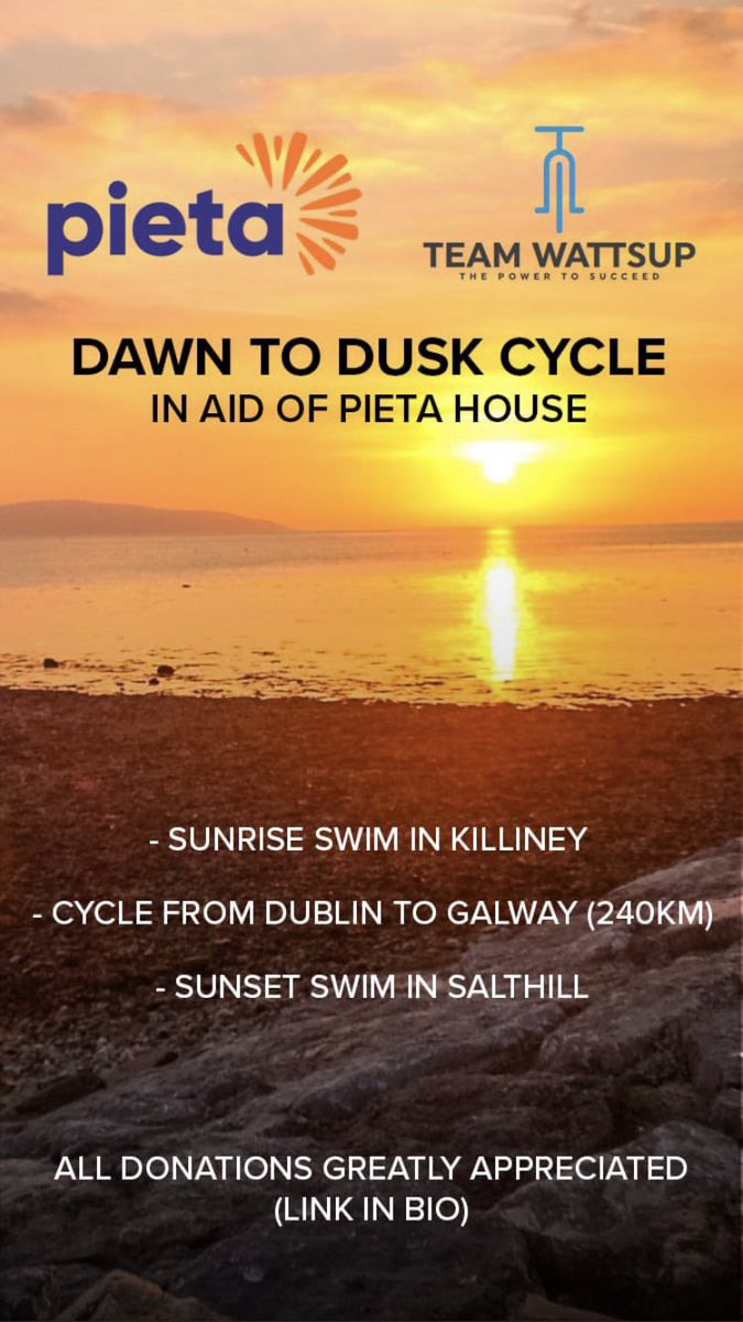 Tomorrow I will be taking part in the dawn to dusk challenge for <a href="/PietaHouse/">Pieta</a> with members of my tri club. We’ll swim in Killiney at dawn, cycle to Galway (240km) and hopefully get to Salthill in time for a sunset swim! If anyone would like to donate idonate.ie/fundraiser/114…