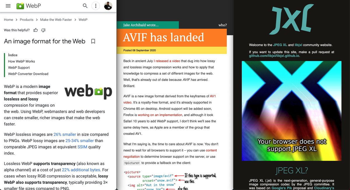 nucliweb's tweet image. #PerfTip use next-gen image format in your site:

WebP
🔗 developers.google.com/speed/webp

AVIF
🔗 jakearchibald.com/2020/avif-has-…

JPEG XL
🔗 jpegxl.info

#WebPerf #WPO #Performance #ImagePerf #Images