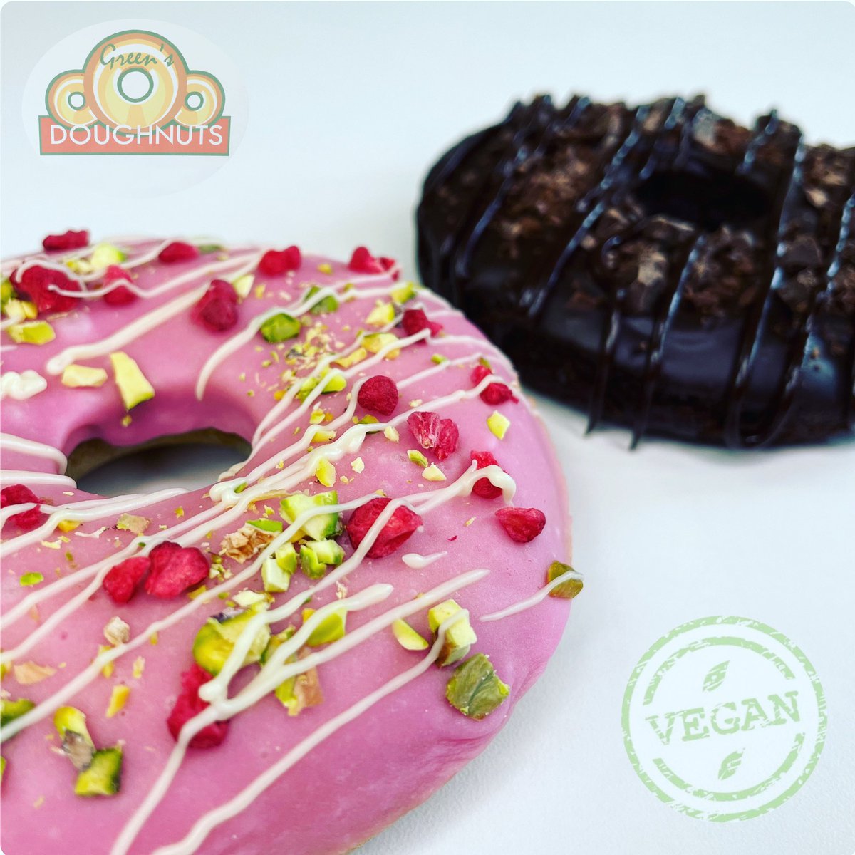 greendoughnuts's tweet photo. Today’s the day we launch our #vegan fully loaded.
1. the ‘Doughie’ - where choc chunk brownie meets doughnut 
2. Raspberry, White Choc &amp; Pistachio - baked vegan doughnut

Our first ever vegan &amp; packed with flavour!
#wolverhampton #vegandoughnuts #doughnuts #westmidlands #veganuk https://t.co/dOou7Ybexm