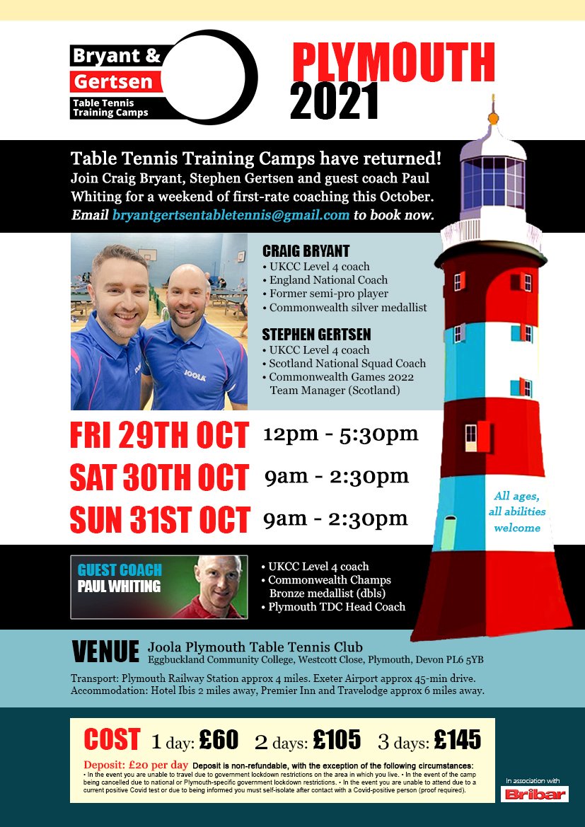 With still well over a month to go until our next Bryant &amp; Gertsen Training Camp in Plymouth, we are delighted to be 3/4s full already! If interested in booking the last few places, just get in touch 🏓👇 

bribartt.co.uk/tournaments-co…