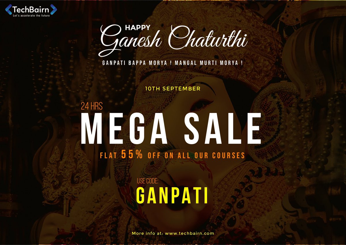 techbairn's tweet photo. Happy Ganesh Chaturthi !
Joy at every door step on the eve of Ganesh Chaturthi .
Get 55% off on every courses you avail on this auspicious fevstival till 11:59 am today.
#GaneshChaturthi #HappyGaneshChaturthi2021 #GanpatiBappaMorya #ganpatibappa #sale #education #techbairn https://t.co/xOs8hnRLSK