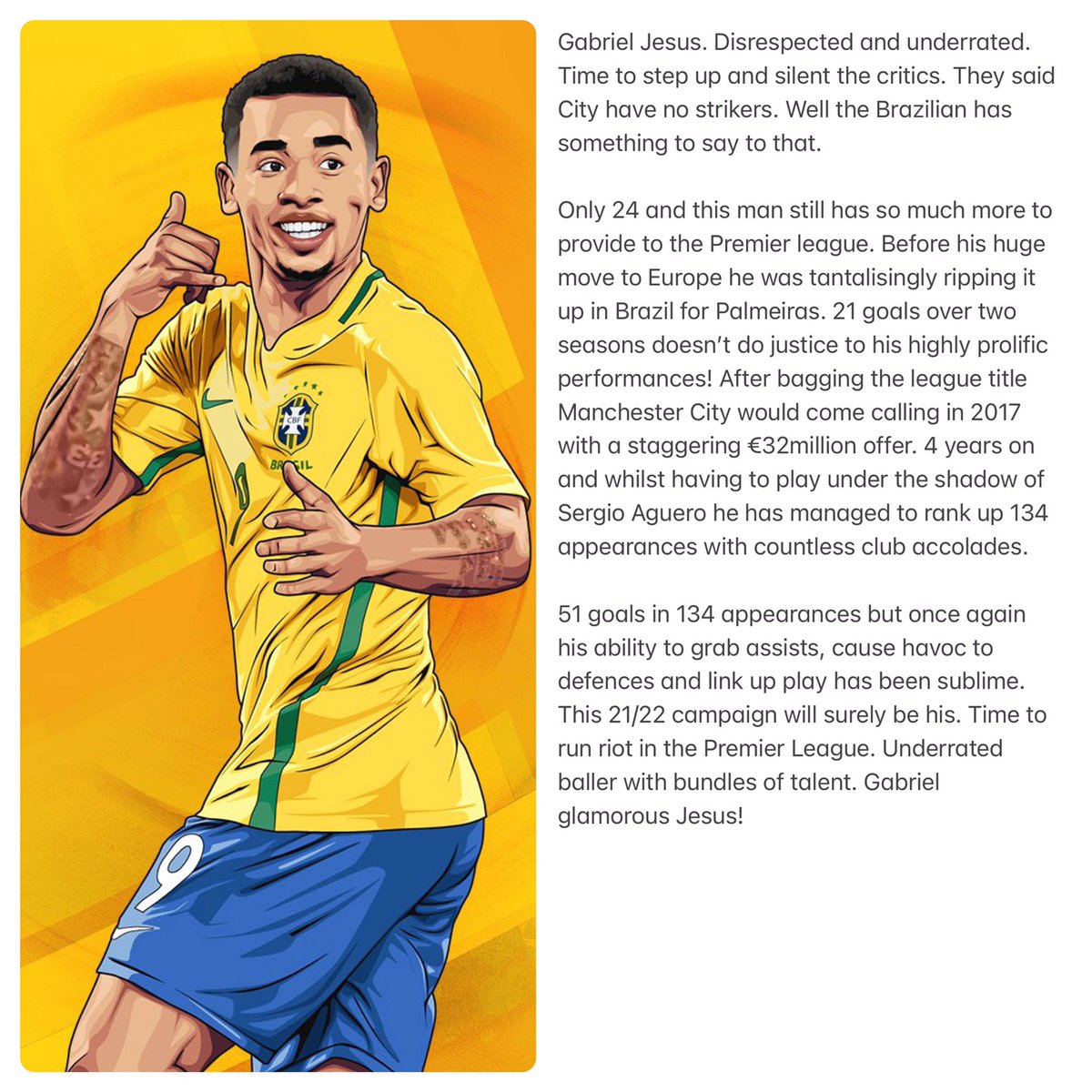 Blogs11Sport's tweet photo. Gabriel Jesus. Disrespected and underrated. Time to step up and silent the critics. They said City have no strikers. Well the Brazilian has something to say to that! 🇧🇷 https://t.co/ZW9IA565wI