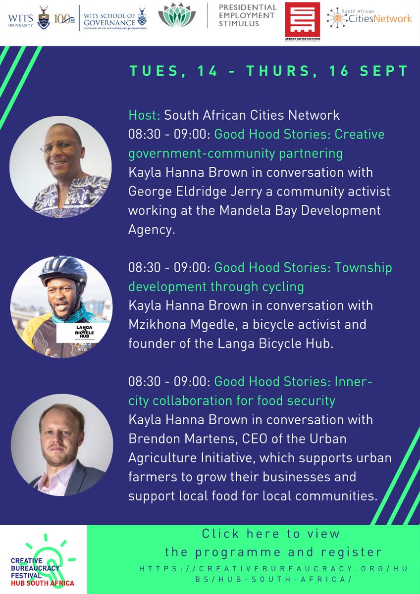 Tune in for some GOOD conversations with urban champions at the #creativebureaucracyfestival next week, 14-16 September 2021
@SACitiesNetwork @UrbanAfricaACC
#goodhoodstories #localaction #urbanchampions #southafricancities