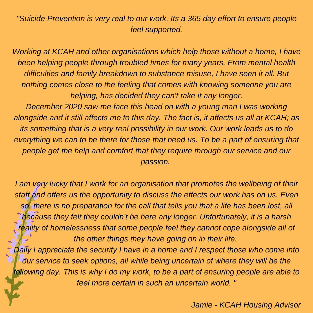 kcahtweets's tweet photo. Our Housing Advisor, Jamie, shared his thoughts and experiences on this #SuicidePreventionDay. Thank you so much for sharing Jamie! #homelessness #SuicidePrevention https://t.co/XTHZ0Yh78x