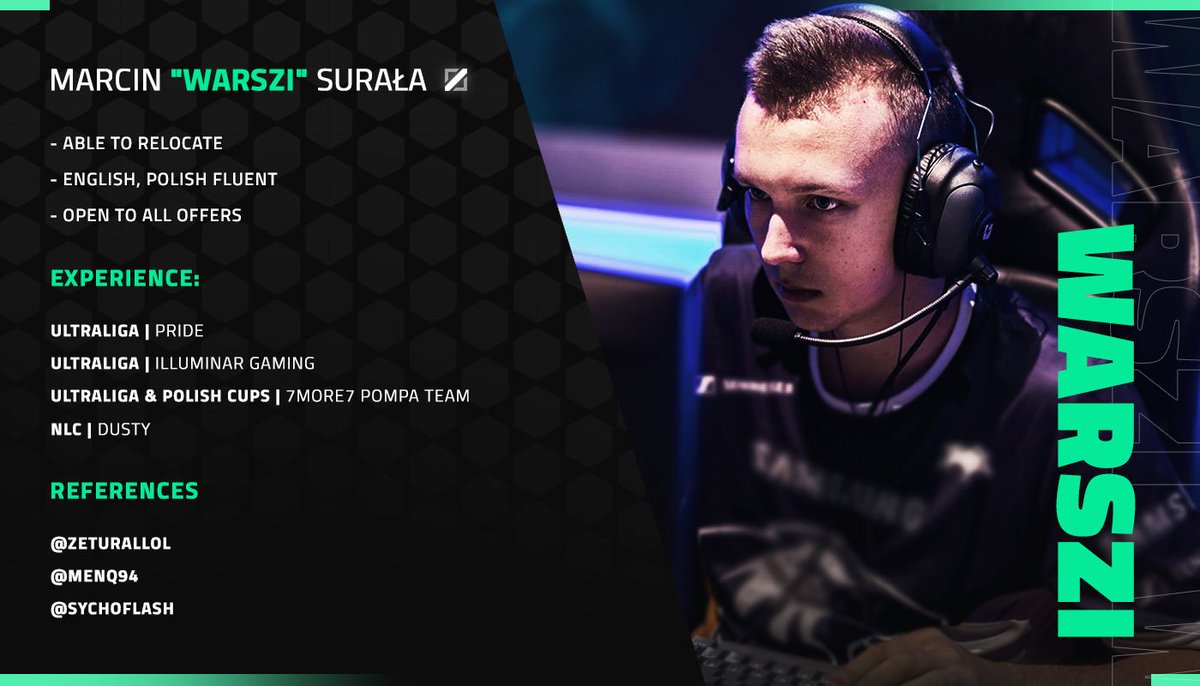 Marcin Warszi Surała (@warszidd) on Twitter photo Hello!
After my summer split I'm now LFT for winter and 2022 spring season.
If you have any questions feel free to dm me or my agent <a href="/JuvenisLoL/">Sebastian Winowski</a>
Likes and retweets appreciated! 🥰 Hello!
After my summer split I'm now LFT for winter and 2022 spring season.
If you have any questions feel free to dm me or my agent <a href="/JuvenisLoL/">Sebastian Winowski</a>
Likes and retweets appreciated! 🥰