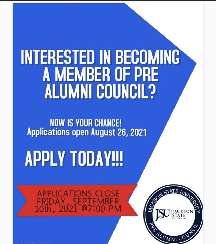 PreAlumJSU's tweet photo. Applications will close tonight at 7:00 pm, make sure to get your application in 💙 https://t.co/NRWqgiEXjq