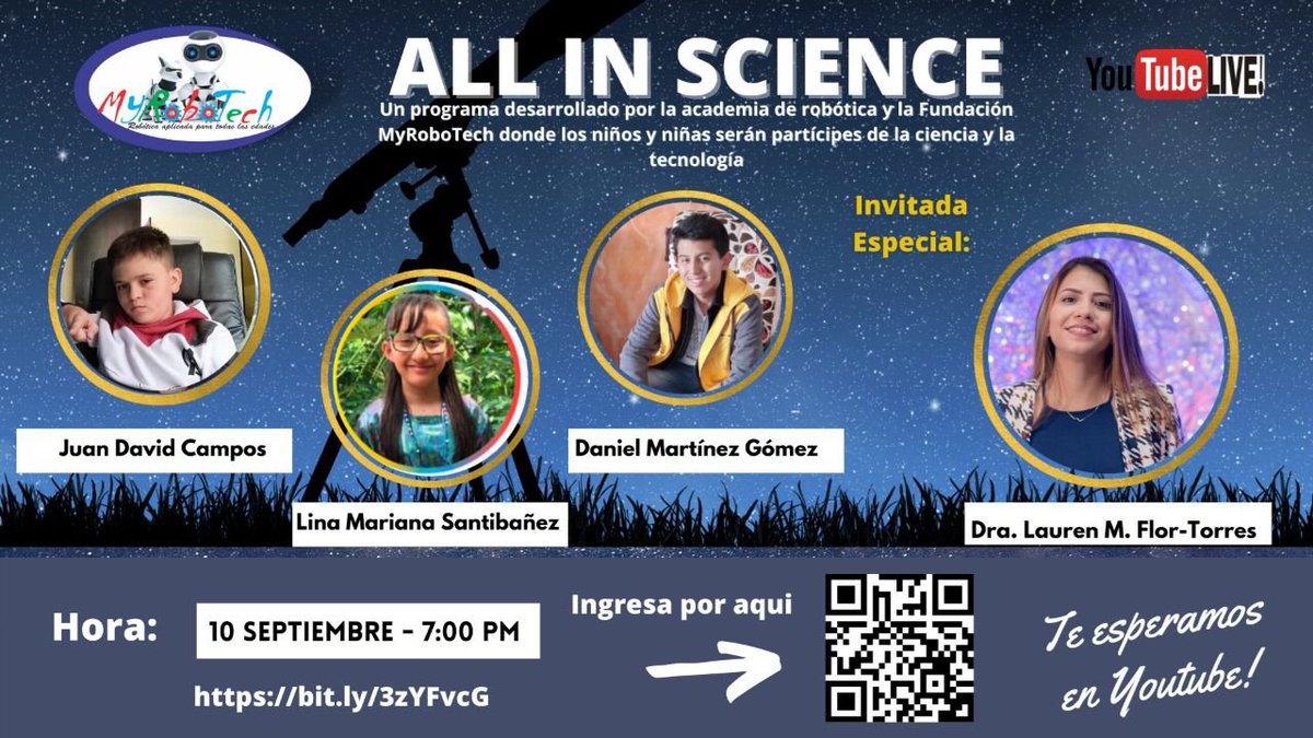 <a href="/myrobotech/">MyRoboTech</a> tiene como Invitada hoy a una mujer científica, talentosa, miembro del comité académico IOAA2021 <a href="/lauren_flor/">Lauren Flor Torres</a> <a href="/ONUMujeres/">ONU Mujeres</a> <a href="/MujerEnCiencia/">Mujeres en la Ciencia Colombia</a> <a href="/RedIMHH/">Red Internacional Mujeres Haciendo Historia</a> <a href="/RedAstronomiaCo/">Red de Astronomía de Colombia</a> <a href="/AstroChia/">Colombianas Haciendo Investigación en Astrociencia</a> <a href="/MincienciasCo/">MinCiencias Colombia</a> <a href="/Mineducacion/">MinEducación</a>