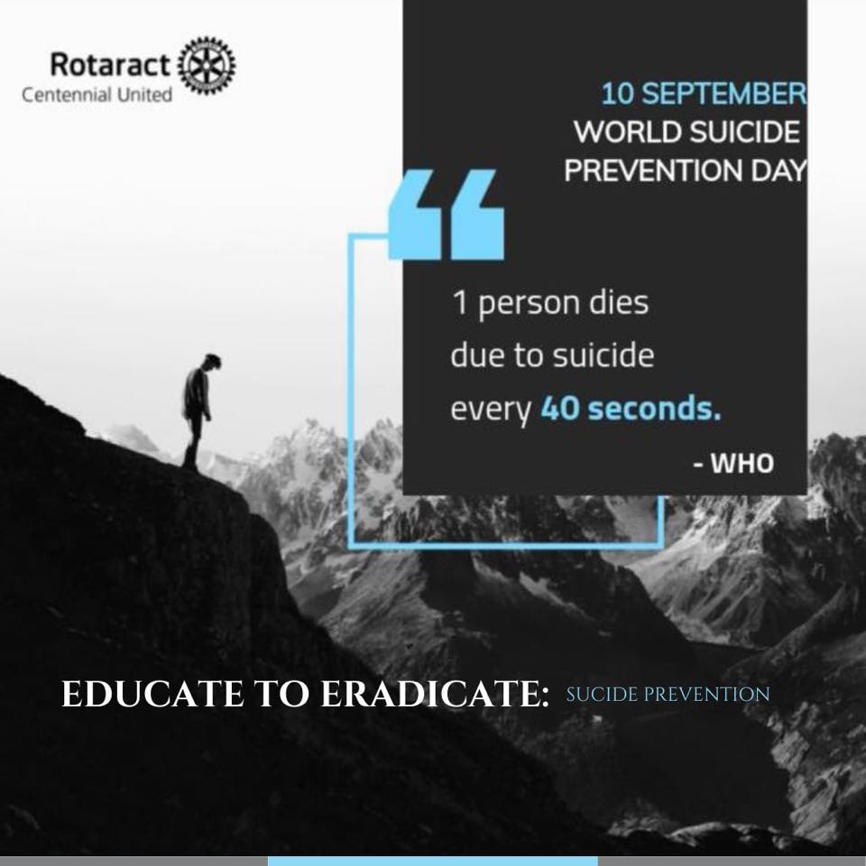 RACCU3220's tweet photo. Suicide is still seen as a taboo instead of a serious health problem. More than 800 000 people are considered to be victims of suicide every year, which is one person every 40 seconds. 
Blog: https://t.co/GGzEoHVHiX

#CentennialUnited #SuicidePreventionDay
#Rotaract #Rotaract3220 https://t.co/74BsjiPvbp