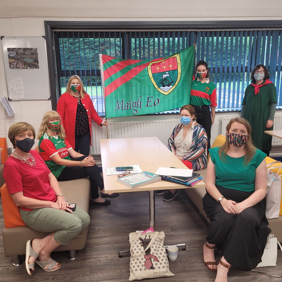 OLBAthlone's tweet photo. The #BowerBlue was infiltrated by a sea of #GreenAndRed today in #OLB. The staff has definitely nailed their colours to the mast & will be shouting #HonMayo in tomorrow's #AllIrelandFinal. #MayoForSam π©π₯ππ https://t.co/Te5hJy1JXl