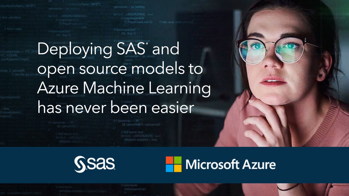 Text reads, "Deploying S A S and open source models to Azure Machine Learning has never been easier." Person with glasses.