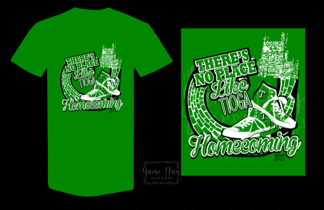 Homecoming 2021 will be here before we know it!  Make sure to get the official HOCO 2021 T-Shirt!
"There's No Place Like Tioga".  All shirts $15.00! Order form can be found on TISD website tiogaisd.net
All orders due by Thursday, 9/16 so we can ensure HOCO delivery!