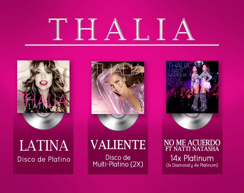 thalia's tweet photo. ¡Que feliz estoy con estas noticias! 🤩

¡Mi álbum “LATINA”, se convirtió en Disco de Platino 💿 y “VALIENTE” ya es Disco de Multi-Platino (2X)! 💿💿

@SonyMusicLatin https://t.co/4dYNttuWtT