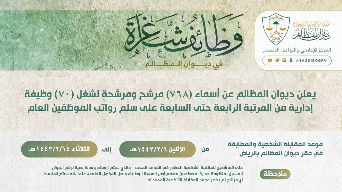 (تنويه) يعلن #ديوان_المظالم عن أسماء (768) مرشح ومرشحة لشغل (70) وظيفة إدارية من المرتبة الرابعة حتى السابعة وتدعوهم لإجراء المقابلة والمطابقة من الإثنين القادم 1443/2/6هـ حتى الثلاثاء 1443/2/14هـ في مقر الديوان بالرياض.

الأسماء: wadhefa.com/news/12179/

#وظائف #وظائف_نسائية