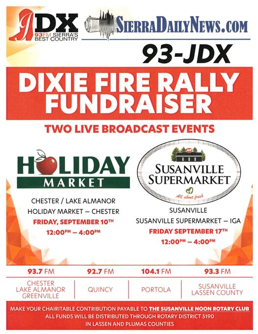Tune in to 92.7 FM in the Quincy area or stop by Holiday Market in Chester today between noon and 4:00 p.m. to join this Dixie Fire Relief Fundraiser hosted by JDX! #DixieFire #fundraiser #helpinghands