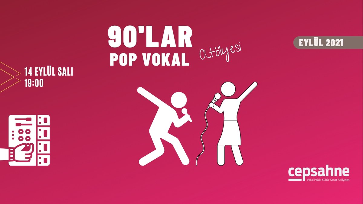 90’lar Türkçe Pop Vokal Atölyemizde yeni grup kayıtları başladı!  
Detaylı bilgi için; info@cepsahne.com veya 0549 619 19 08 'den bize ulaşabilirsiniz.

#cepsahne #müzik #pop #Eylül #ortaköy #90s