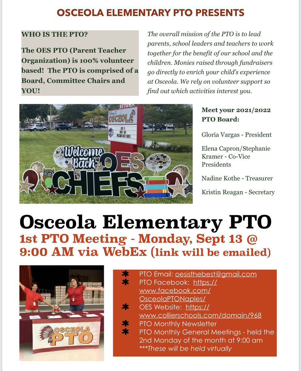 OES Chiefs Media (@oeschiefsmedia) on Twitter photo All OES parents are welcome to attend our first General PTO Meeting! If you would like to be involved, please email oesisthebest@gmail.com
<a href="/OESCHIEFS/">Osceola Elementary</a> All OES parents are welcome to attend our first General PTO Meeting! If you would like to be involved, please email oesisthebest@gmail.com
<a href="/OESCHIEFS/">Osceola Elementary</a>