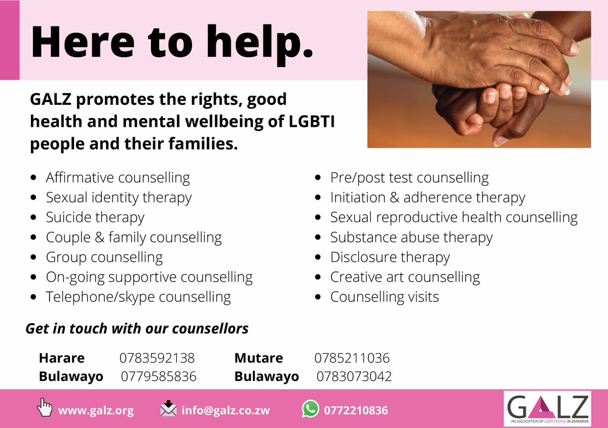 galzinf's tweet image. A gentle reminder that GALZ offers confidential counselling services for LGBTIQ+ persons:
Harare – 0772 210 836
Masvingo – 0783 073 042
Mutare – 0785 211 036
Bulawayo – 0779 585 836
#WSPD2021 
#WorldSuicidePreventionDay 
#LoveAlliance 
#leadwithlove