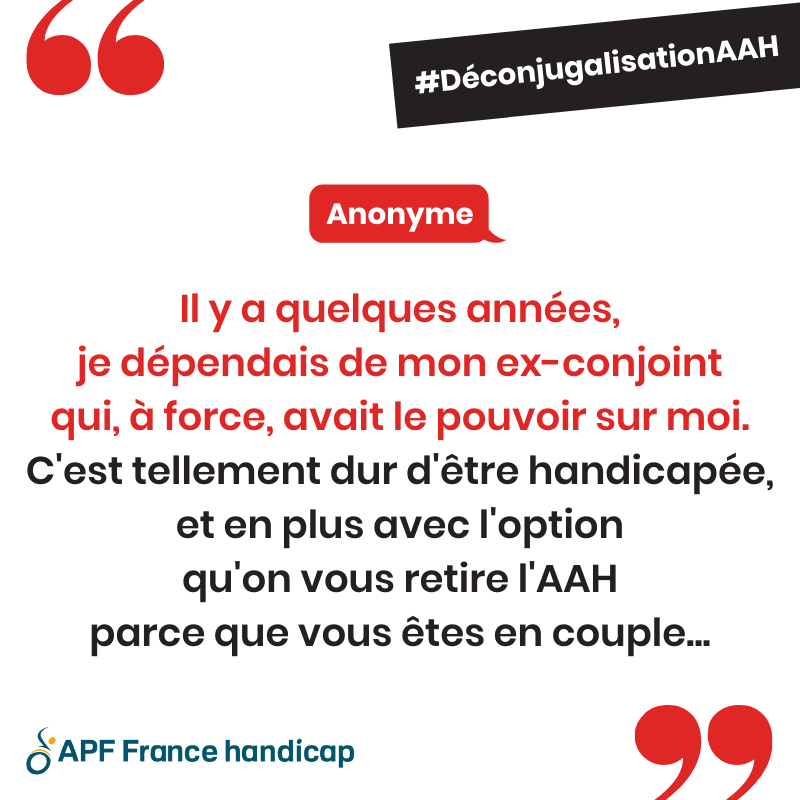APF France handicap (@apfhandicap) on Twitter photo 💬 "C'est tellement dur d'être handicapée, en plus avec l'option qu'on vous retire l'#AAH parce que vous êtes en couple…"
Stop à la double peine #handicap + dépendance financière ! Manifestation le 16/09 pour la #déconjugalisationAAH ➡️bit.ly/2UZungF #AAH16septembre 💬 "C'est tellement dur d'être handicapée, en plus avec l'option qu'on vous retire l'#AAH parce que vous êtes en couple…"
Stop à la double peine #handicap + dépendance financière ! Manifestation le 16/09 pour la #déconjugalisationAAH ➡️bit.ly/2UZungF #AAH16septembre