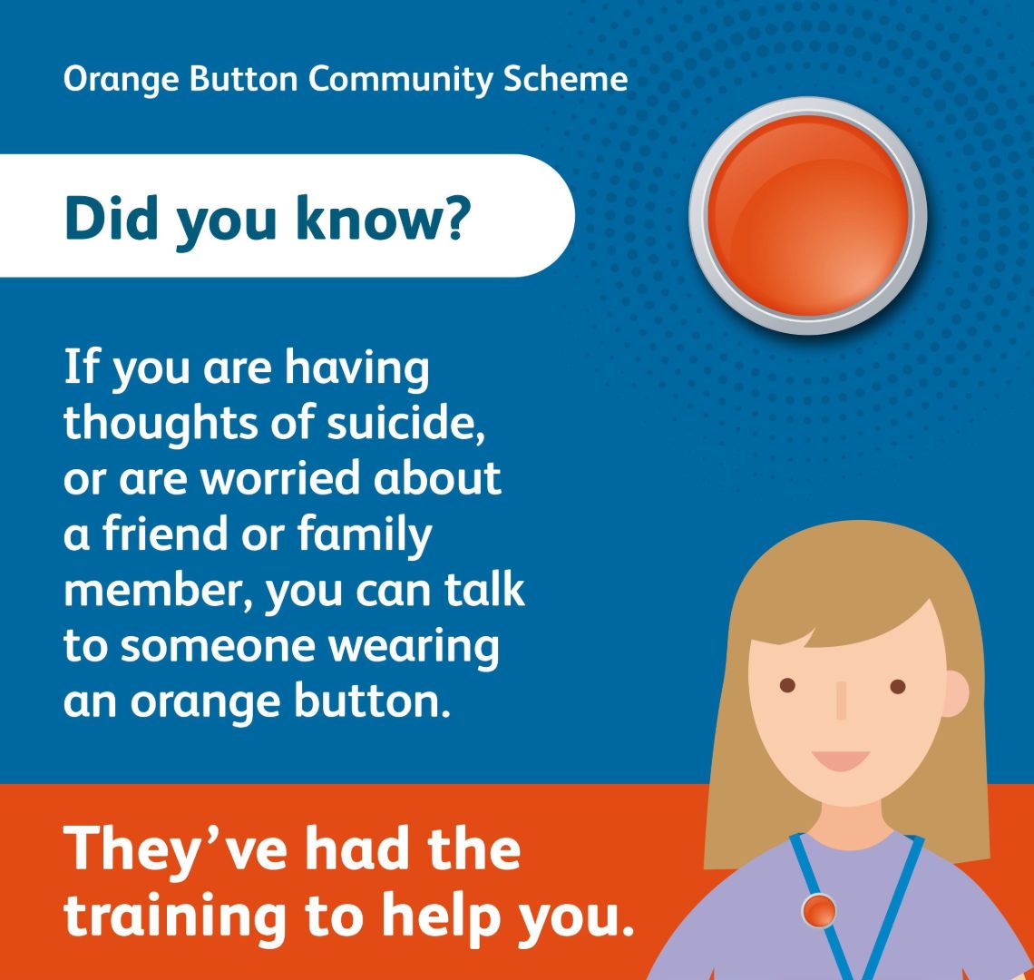 ChorleyCouncil's tweet image. 🟠 People who are having thoughts of suicide can ‘push the button’ when they see someone wearing a distinctive orange badge and ask them for information and support. 

Find out more from @HealthierLSC at healthierlsc.co.uk/OrangeButtonSc… 

#OrangeButton #StartTheConversation