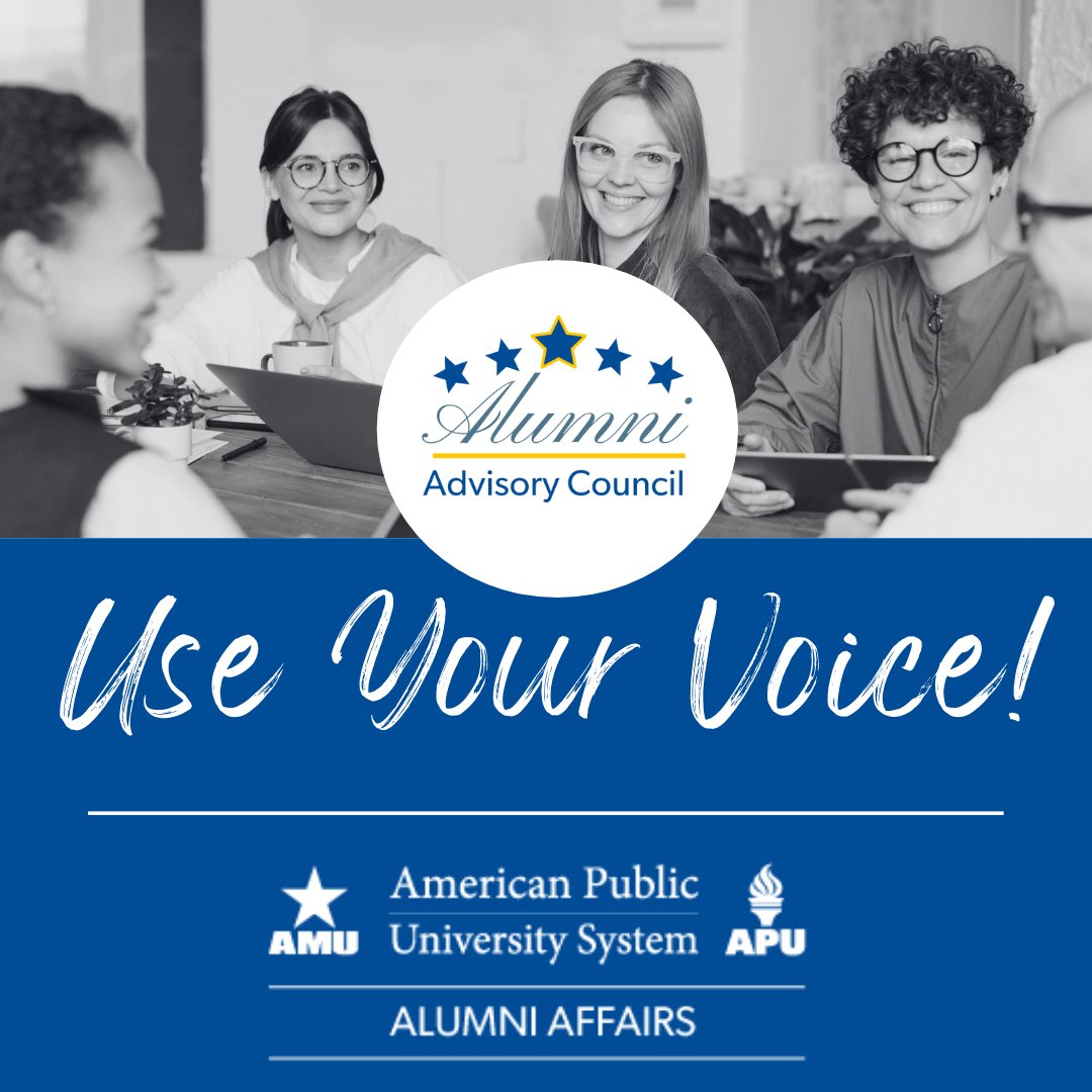 AMUAPUAlumni's tweet photo. There's still time! The Alumni Advisory Council exists to give alumni a voice. Here's your chance to be a part of the 2022 session! Nominations close October 11, 2021.

Nominate yourself today: https://t.co/wYmTIWTX1q https://t.co/rsyclcbnF4
