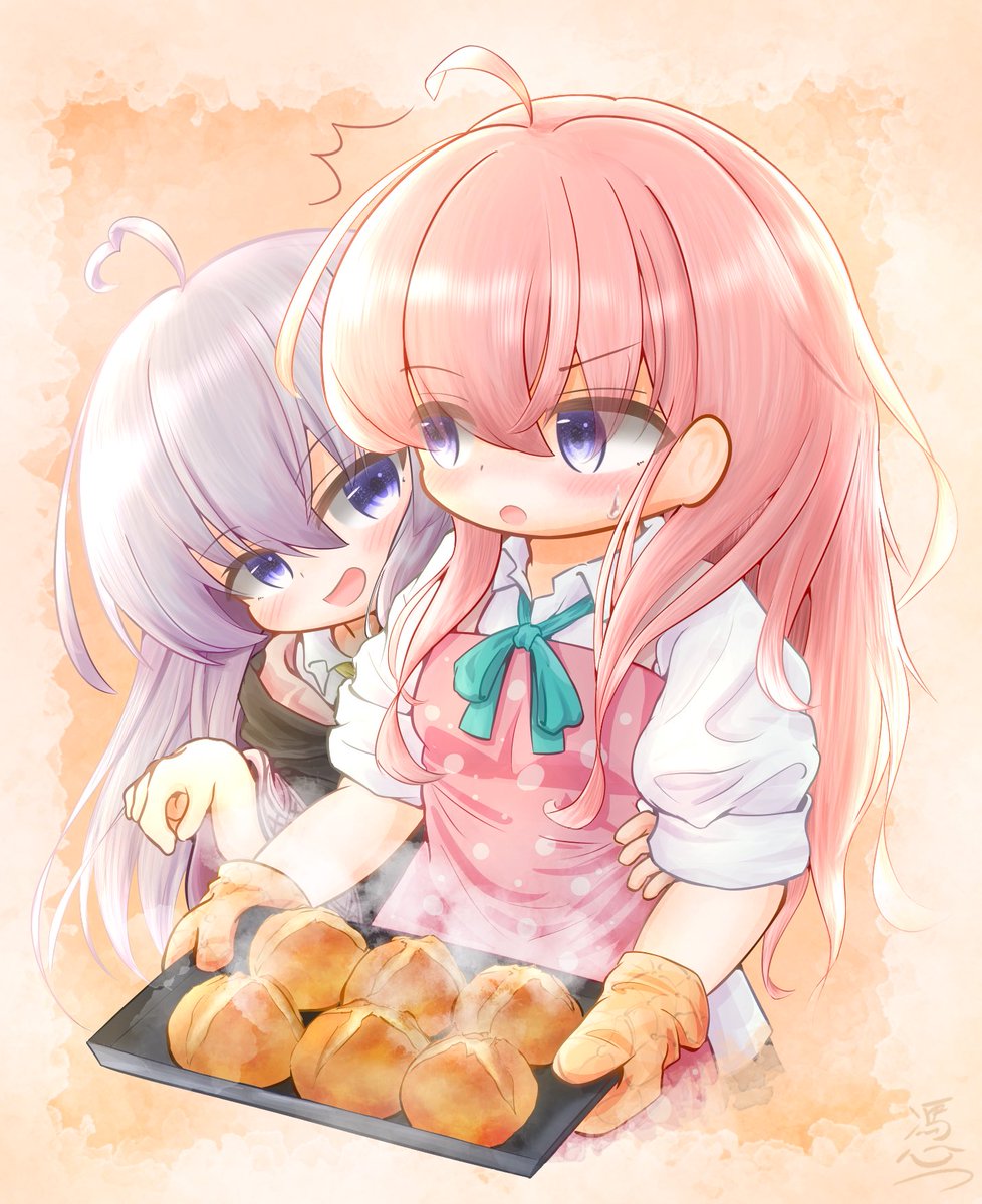 elaina (majo no tabitabi) multiple girls 2girls food oven mitts pink hair ahoge long hair  illustration images