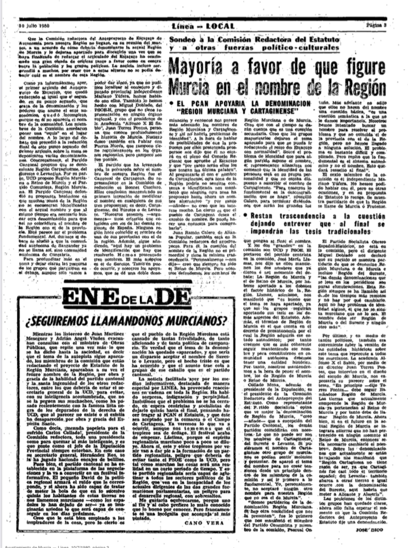 Mariloliana's tweet image. ⭕️ EL MISTERIO DE LA ELECCIÓN DEL NOMBRE DE LA REGIÓN DE MURCIA⭕️
¿Quién no se ha preguntado por qué el nombre de la región, es igual que la ciudad, municipio y provincia, si provoca confusión?
Este artículo de archivo, Línea 10/07/1980 refleja el debate que surgió:
