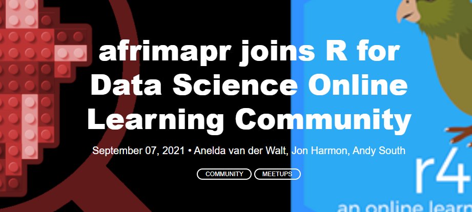 Pleased to announce in collaboration with @R4DScommunity a new slack channel #chat-africa_maps. Read more in our blog, come along to our next community meetup Sep 22nd to hear @JonTheGeek talk about the learning community, and join on slack for Q&amp;A🌍😀 afrimapr.github.io/afrimapr.websi…