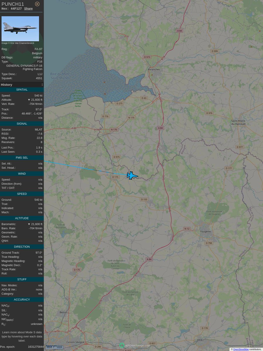 overTresillian's tweet image. #PlaneAlert ICAO: #44F127 Tail: #FA97 
Owner: #BelgianAirComponent
Aircraft: #General Dynamics F-16AM Fighting Falcon
2021/09/10 13:09:23
#F16 
globe.adsbexchange.com/?icao=44F127&amp;amp;s…