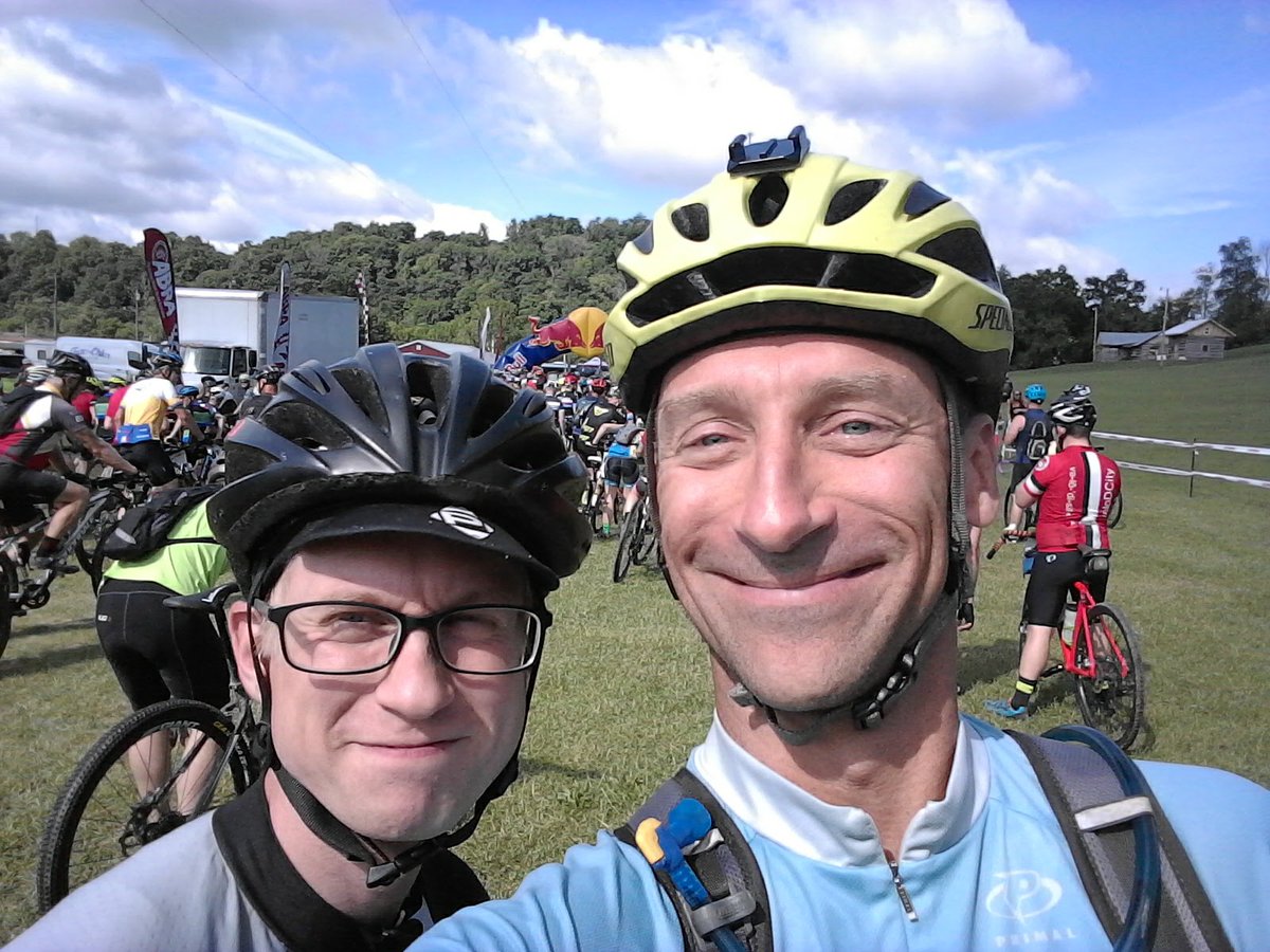 <a href="/walkbikemgw/">Christiaan Abildso</a> <a href="/WVUPublicHealth/">WVU Public Health</a> colleague Adam Baus are in for the #MRTCentury! Seen here at the start of 2017 Hilly Billy Roubaix (the only moment that day Christiaan could keep up with Adam). Adam also completed the Ride Across Minnesota that year (1/)