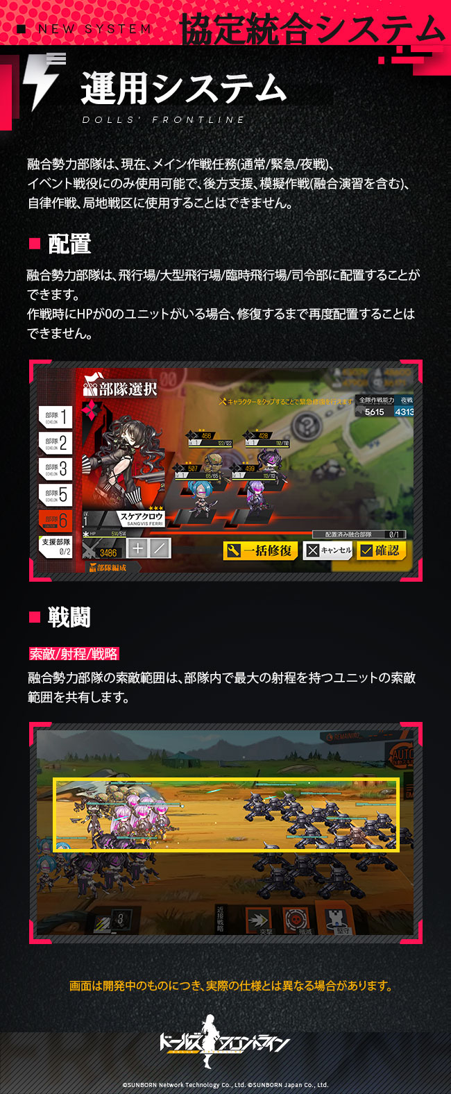 ドールズフロントライン公式 新システム紹介5 融合勢力で部隊を編成したら戦闘を行ってみましょう 配置や作戦スキルなど戦闘での運用についてのご説明です 融合勢力をどう使うかは指揮官様次第 ただし 傷ついた場合は人形と同じく修復を行って
