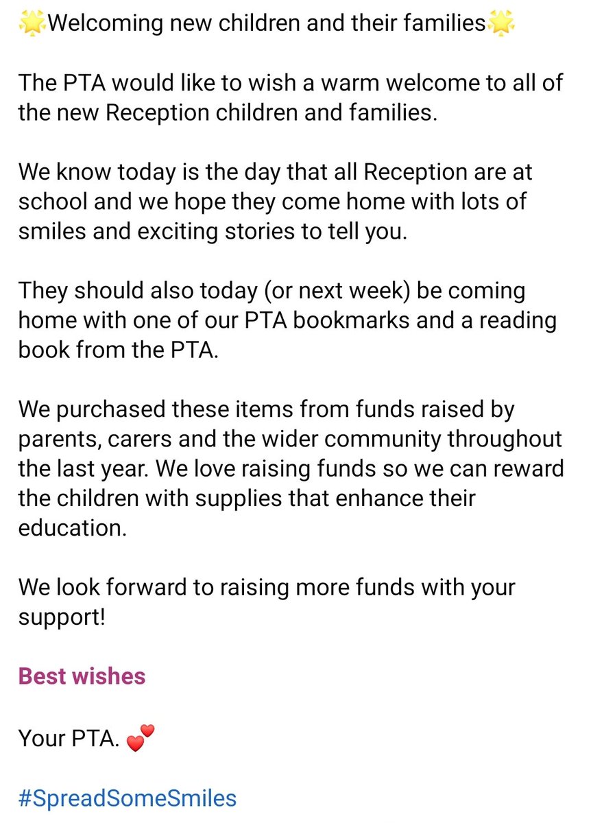 HaroldCourtPTA's tweet photo. The PTA would like to wish a warm welcome to all of the new Reception children and families at @HaroldCourtPrim.
A reading book and PTA bookmark should be making it's way home to you all soon, our little gift to you! π
Please see pic for full message.
#SpreadSomeSmiles https://t.co/hdcplOP6JN
