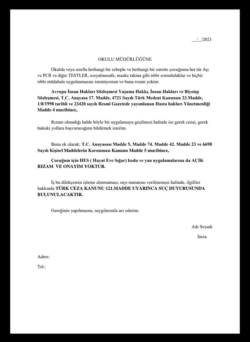 #cocuklarımızapcryapamazsınız
Lütfen Bu dilekçeyi çocuklarımızın okullarına verelim. Sessiz kalmayın. Okullar eğitim yeridir, tıbbi deney laboratuvarları değildir.
Çekin artık şu cocuklatın üzerinden ellerinizi! <a href="/drfahrettinkoca/">Dr. Fahrettin Koca</a> haddinizi aşmayın!!!