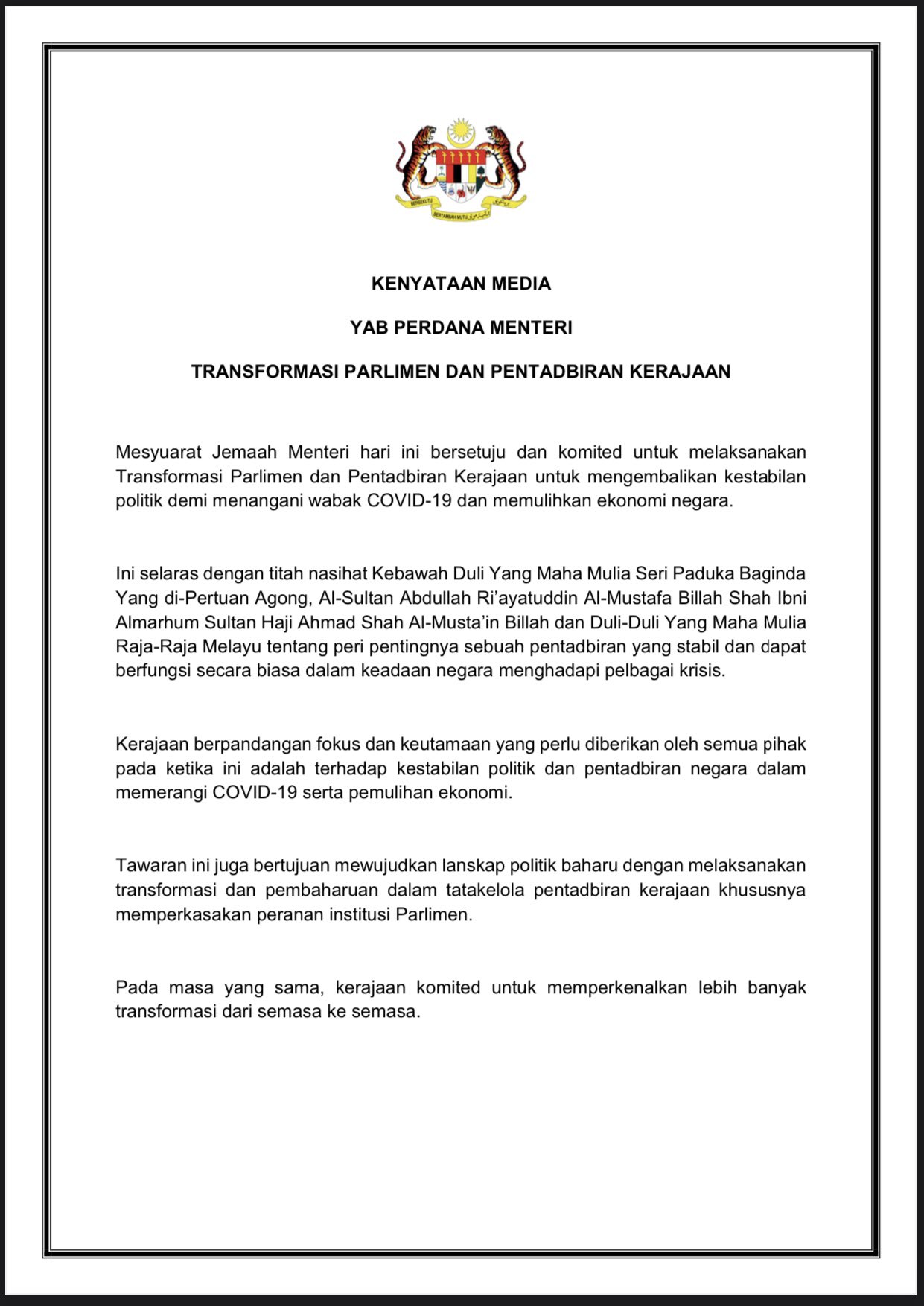 Melissa Goh On Twitter The Cabinet Has Agreed To Undertake Transformation Of Parliament And Government Incl Introducing Anti Hopping Law Implementing Undi18 Limiting Pm S Term To 10 Yrs Balanced Representation In