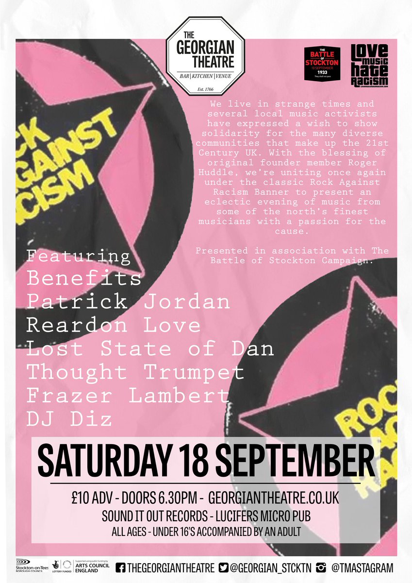 Saturday 18th September - Rock Against Racism 🎸

Presented in association with The <a href="/BOScampaign/">Battle Of Stockton</a> and featuring...

<a href="/Benefitstheband/">Benefits</a>, <a href="/paddyjordan81/">Patrick Jordan</a> <a href="/LoveReardonLove/">Reardon Love</a> Frazer Lambert, <a href="/loststateofdan/">Lost State of Dan</a>, <a href="/Thought_Trumpet/">Thought Trumpet</a> &amp; DJ Diz.

Tickets £10 ADV: bit.ly/3aL0chH