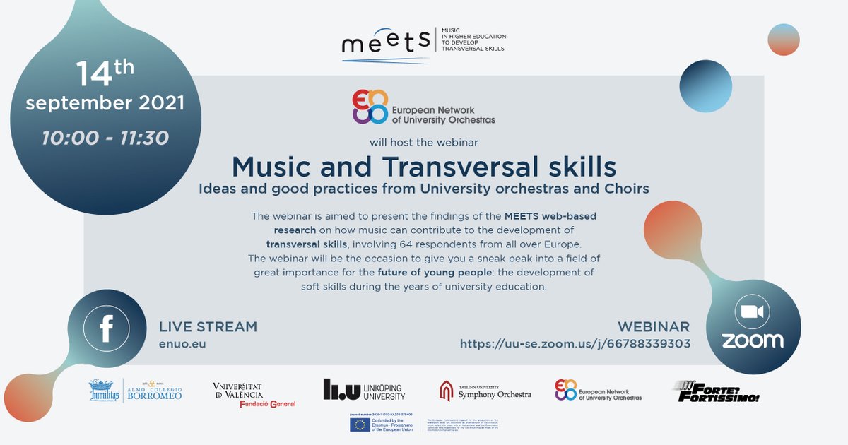 L’ENUO organitza  dimarts 14 a les 10  el webinar Música i habilitats transversals, on presentaran els primers resultats de la investigació del projecte Meets ,del qual som socis.  uu-se.zoom.us/j/66788339303 , ID: 667 8833 9303
<a href="/FundacioUV/">FundacioUV</a> <a href="/LaNauuv/">UVcultura / La Nau</a> @collegioborromeo  <a href="/meetsproject/">ミーツプロジェクト</a>
