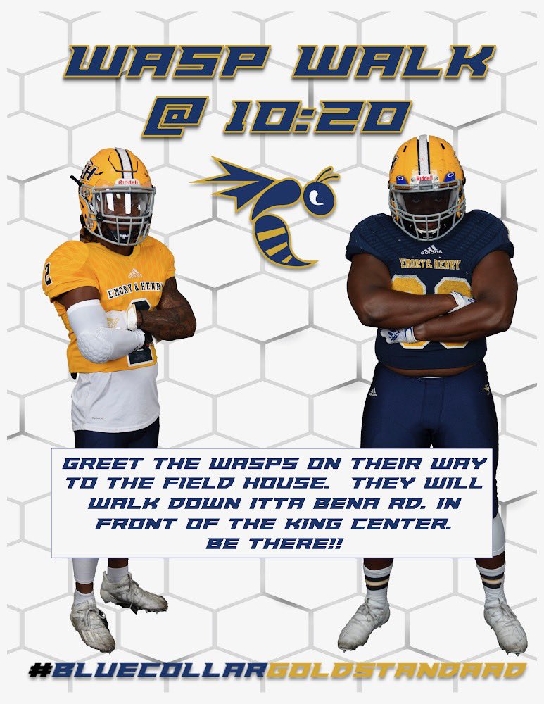 EmoryHenry_FB's tweet image. The WASPS are back at Fred Selfe Stadium tomorrow afternoon against Bluefield!! Kickoff is @ 1:00pm, but make sure you come out to cheer on the team as we take our WASP WALK into the Field House @ 10:20am!!