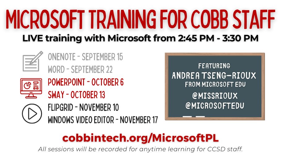 CobbInTech's tweet photo. Join #CobbInTech and #MicrosoftEDU on September 15th at 2:45 PM for live training on OneNote! 

Sessions will be led by @MissRioux from @MicrosoftEDU. 

To access this online session and future Microsoft PL sessions, go to https://t.co/pQnnelxn5y. 

@CobbSchools #AnytimeLearning https://t.co/V54s3wR3GO