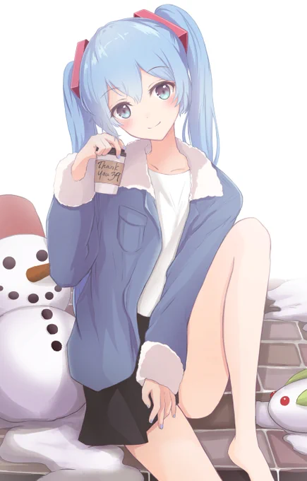冬のミクちゃん過去絵顔少し調整しました。雪が少しある上に座るの冷たそうだし少し薄着過ぎる 