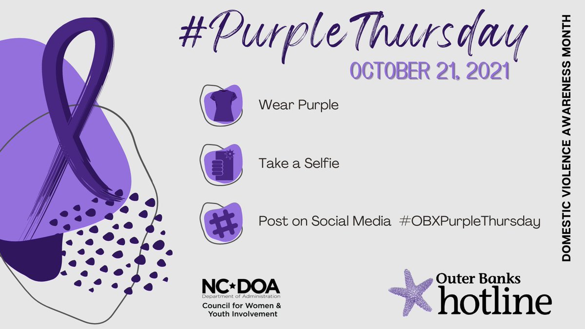 obhotline's tweet photo. This Thursday is #PurpleThursday, wear purple to raise awareness &amp; show your support for survivors of #domesticviolence👚💜

 #OBXPurpleThursday #DVAM #DVAM2021 #WeAreResilient #DomesticViolenceAwarenessMonth #obhotline https://t.co/2CguOc5cGz