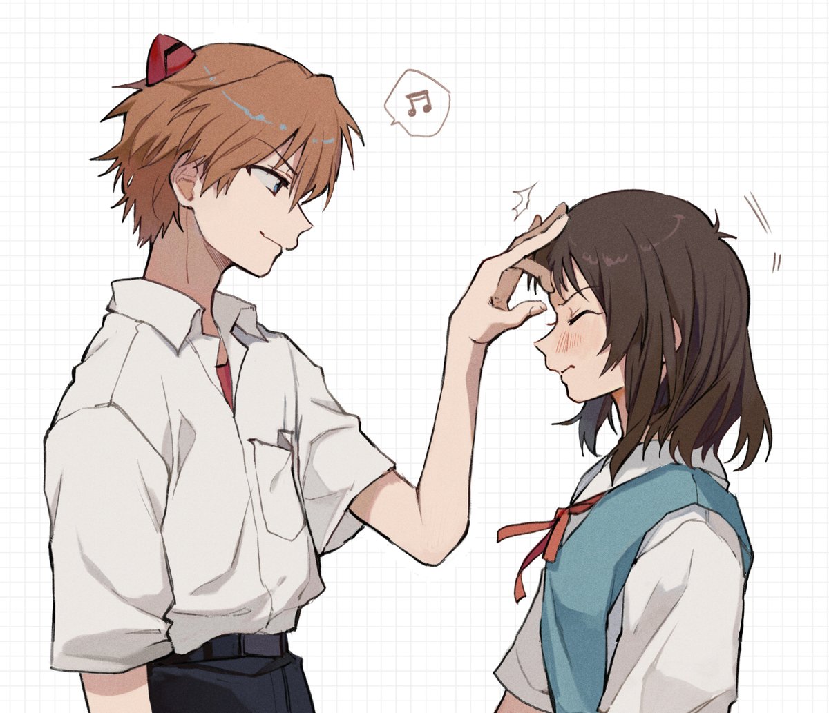 nagisa kaworu 1girl 1boy school uniform red eyes brown hair blue eyes necktie  illustration images