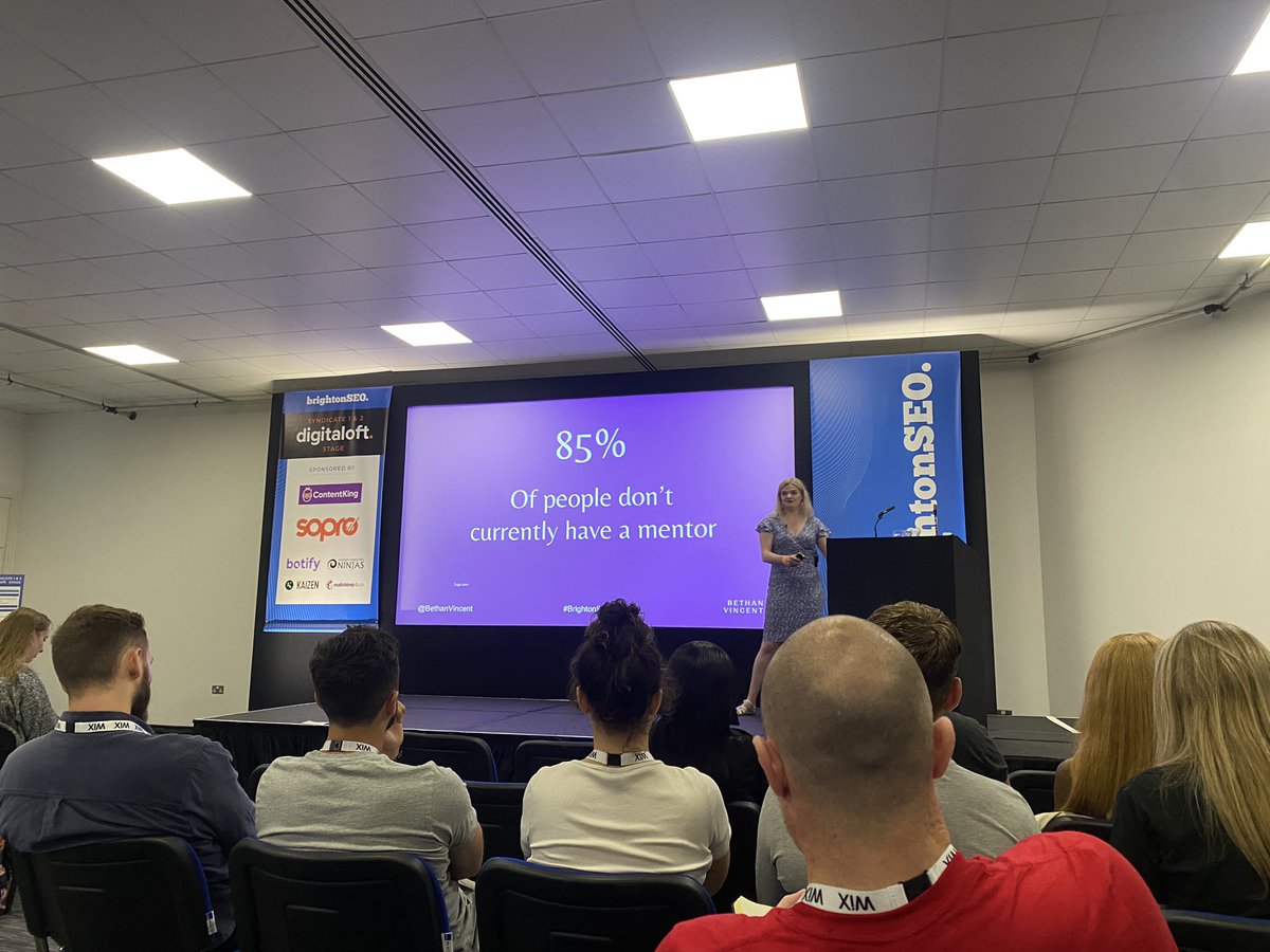 abicooke93's tweet photo. Another fantastic talk at #BrightonSEO. @BethanVincent speaking about unlocking potential and growing junior staff sustainably. Bethan touched on mentoring within SEO - professional mentors are brilliant for junior SEO’s and senior SEO’s. Train the future, but also train yourself https://t.co/UR7MaEyApQ